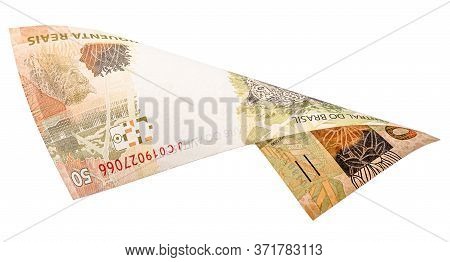 Fifty Reais Banknote Falling On White Background. Concept Of Light Money, Fortune, Grand Prize.