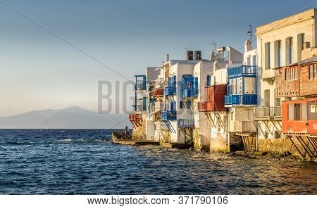 Mykonos, Greece - Oct 14, 2019.  Colorful Little Venice In Mykonos Island,  In Greece