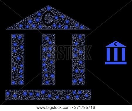 Glowing Web Mesh Euro Bank Building With Light Spots. Illuminated Vector 2d Model Created From Euro 