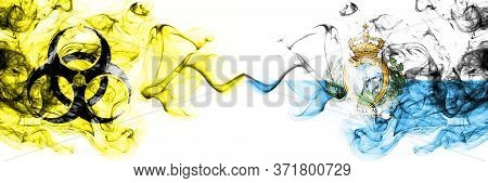 San Marino, Sammarinese Quarantine. Coronavirus Covid-19 Lockdown. Smoky Mystic Flag Of San Marino, 