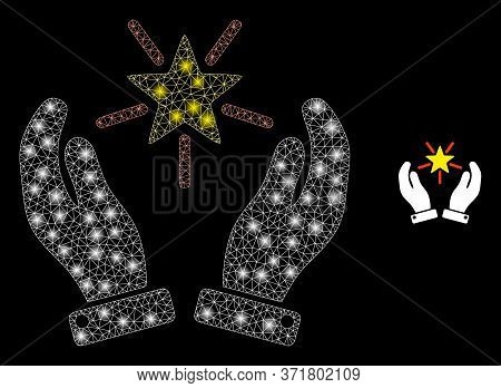 Glowing Web Net Shine Star Care Hands With Glowing Spots. Illuminated Vector 2d Constellation Create
