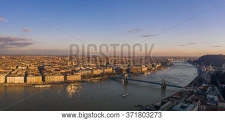 Aerial Panoramic Drone View Of Danube River With Bridges In Buda