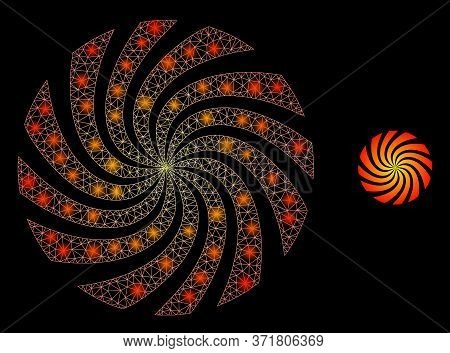 Glowing Web Mesh Rotation Swirl With Lightspots. Illuminated Vector 2d Model Created From Rotation S