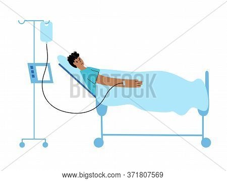 Happy Ptient Lies In The Hospital Or Clinic Ward And Receives Medication Intravenously Through A Dro