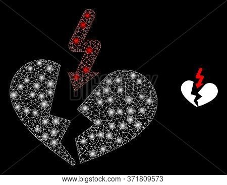 Glowing Web Mesh Breakup Heart With Glowing Spots. Illuminated Vector 2d Constellation Created From 
