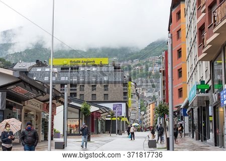 Escaldes - Engordany, Andorra : 16 June 2020: Cloudy And Rainy Day In The Capital Of Andorra. People