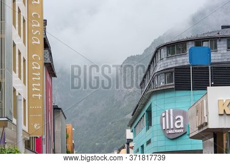 Escaldes - Engordany, Andorra : 16 June 2020: Cloudy And Rainy Day In The Capital Of Andorra. People