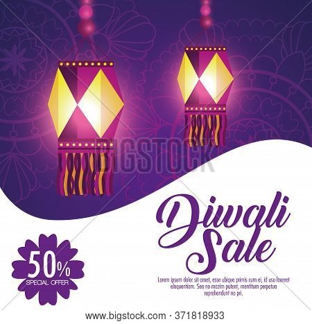 Happy Diwali Sale With Lanterns Vector Illustration Design