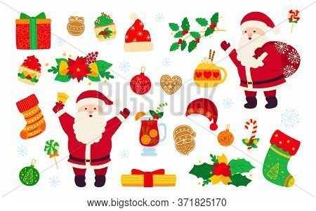 Christmas And New Year Set. Holly Cupcake, Bell, Cup, Hat, Santa And Cookies Gift, Mulled Wine. Flat