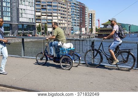 Amsterdam, Netherlands - July 02, 2018: A Man Carries A Dog On A Bicycle In A Box