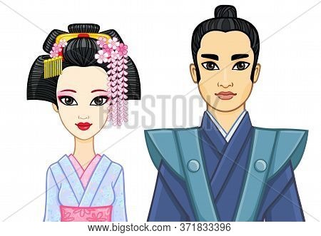 Animation Portrait Of Japanese Family In Ancient Clotes. Geisha, Maiko, Samurai. Vector Illustration