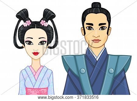 Animation Portrait Of Japanese Family In Ancient Clotes. Geisha, Maiko, Samurai. Vector Illustration