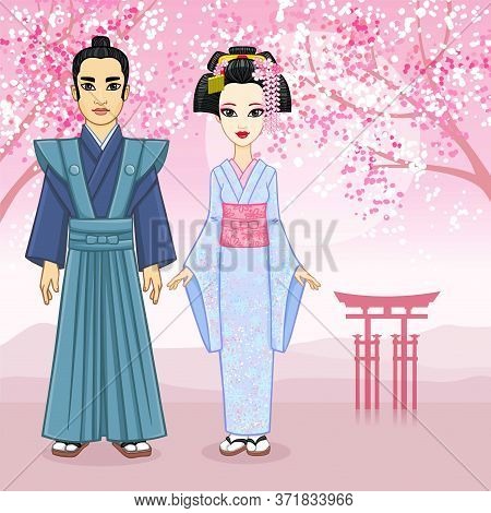 Animation Portrait Of Japanese Family In Ancient Clotes. Geisha, Maiko, Samurai. Full Growth. A Back