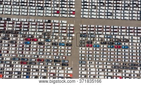Aerial Top View Of New Cars Lined Up At Industrial Factory Port, Logistics Import - Export And Trans
