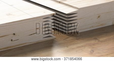 Finger Joint Wood Connection Concept. Woodworking Of Zigzag End On Brown Wood Background. 3D Illustr