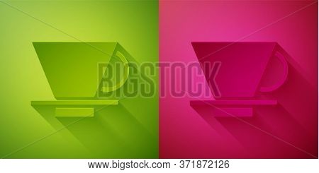 Paper Cut V60 Coffee Maker Icon Isolated On Green And Pink Background. Paper Art Style. Vector