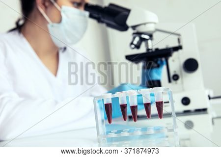 Eppendorf Test-tubes With Blood To Examine. Eppendorf Test-tubes With Blood And Female Medician Exam