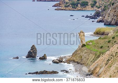 Spanish Coast, Seaside Cliffs Of Maro Cerro Gordo. Costa Del Sol, Andalusia Spain.