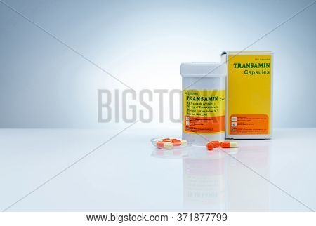 Chonburi, Thailand-may 24, 2020 : Transamin Capsules With Drug Bottle And Paper Box With Label Packa
