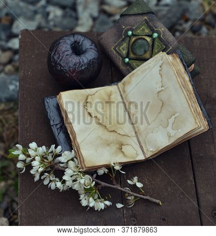 Open Diary With Empty Pages, Black Apple And Decorated Book With Blooming Branch On Planks. Esoteric