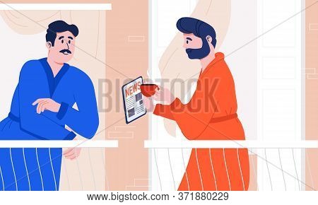 Two Neighbors In Bath Robes Discussing Latest News Heaving Morning Coffee On The Balcony At Home.