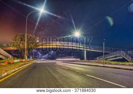 A bridge over the main road in the night, the empty streets of Gaborone during the covid outbreak lockdown, 