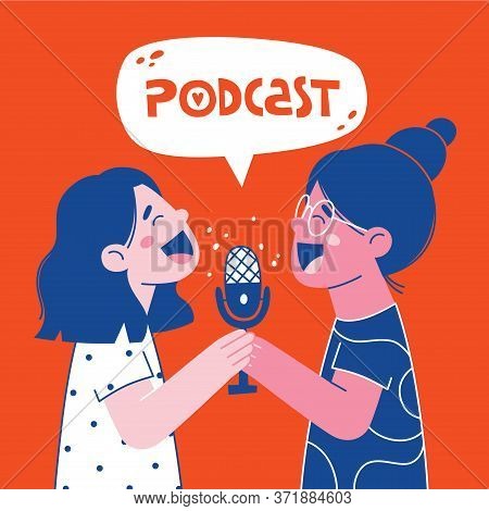 Vector Podcast Minimal Girls Characters Talking And Laughing With The Microphone.