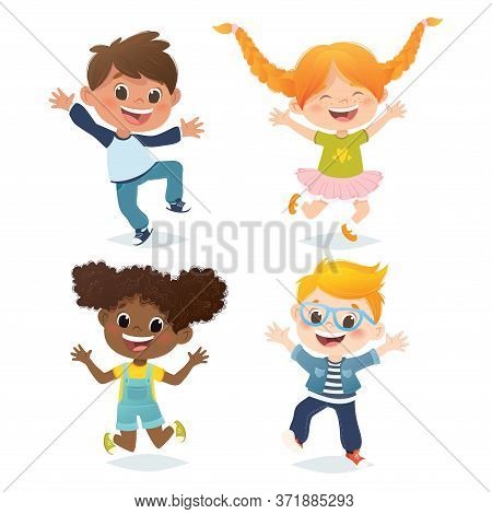 Vector Set Of Multiracial Kids Jumping And Laughing. Cartoon Funny Character Design, Isolated On Whi