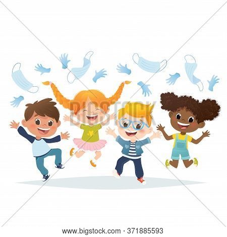 Vector Set Of Cartoon Multiracial Kids Jumping And Laughing. Stop Covid19 Epidemy.