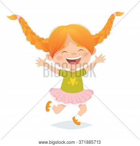 Vector Red Hair Girl With Braids Jumping And Laughing. Cartoon Funny Character Design, Isolated On W