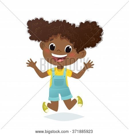 Vector Afro American Girl Jumping And Laughing. Cartoon Funny Character Design, Isolated On White Ba