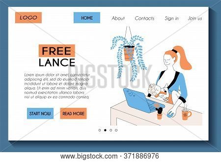 Web Landing Page Template For Work From Home Freelance Site.  Freelancer Mom Is Working With Laptop 