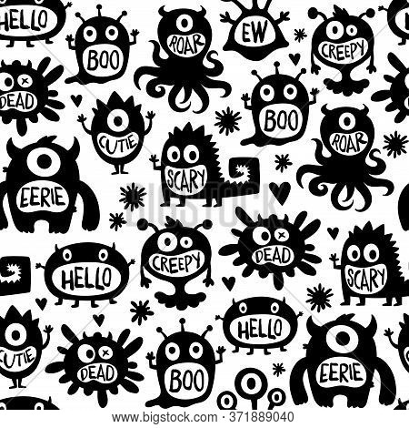 Black And White Vector Seamless Pattern With Flat Cartoon Cute Monsters. Scary Spooky And Creepy Cre