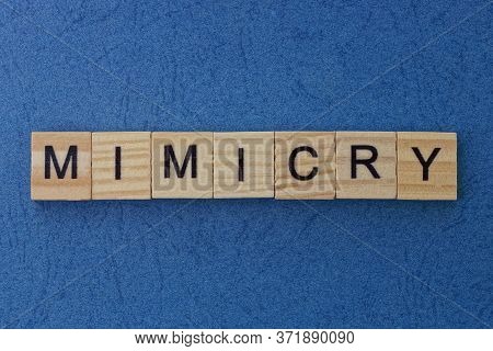 Text On Gray Word Mimicry In Small Wooden Letters With Black Font On A Blue Background