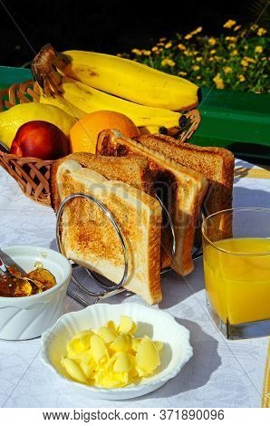 Toast With Butter And Marmalade With Fresh Fruit To The Rear, Costa Del Sol, Andalucia, Spain, Europ