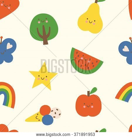 Lovely Colorful Vector Seamless Pattern With Heart, Tree, Rainbow, Butterfly, Star, Apple, Pear, Wat