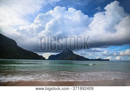 Idealistic Landscape Of El Nido Bay And Cadlao Island, Palawan, Philippines At Wet Season In January