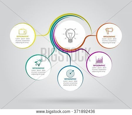 Infographic Template With Twisted Lines. 5 Circle Options For Presentation And Data Visualization. D