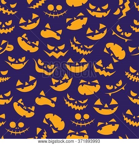 Seamless Minimal Cartoon Halloween Vector Pattern With Pumpkin Scary And Funny Faces. For Cards, Inv