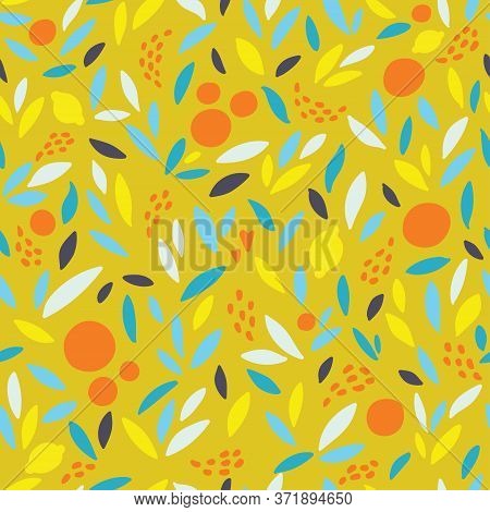 Lovely Colorful Vector Seamless Pattern With Cute Oranges, Lemons And Leaves In Bright Colors.