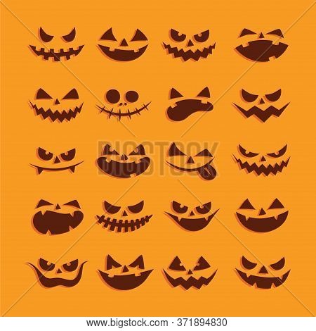 Vector Halloween Funny And Scary Face Icon Set. Pumpkin Dark Silhouette. Flat Design Symbol Collecti