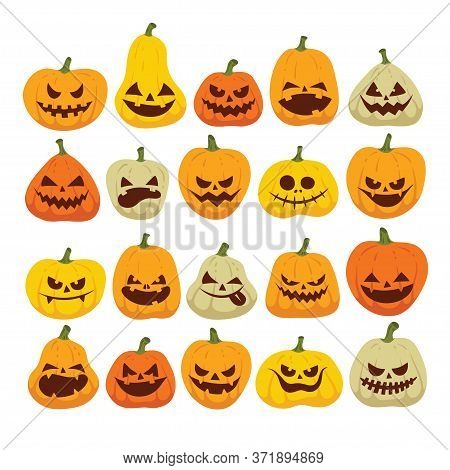 Vector Colorful Halloween Set Of Funny And Scary Pumpkins. Pumpkin Dark Silhouette. Flat Design Symb