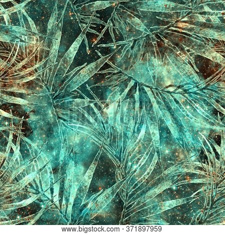 Palm Leaves Seamless Pattern. Turquoise Cosmic Background. Fashion Hand Drawn Texture. Palm Leaves S