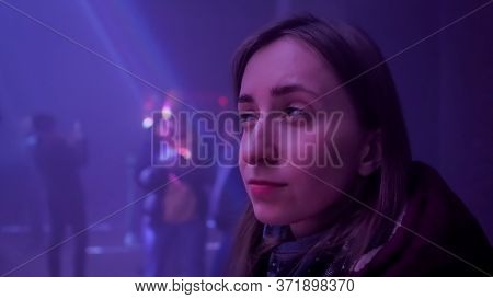 Performance, Installation, Visual, Digital, Contemporary Art Concept. Portrait Of Woman Looking At B