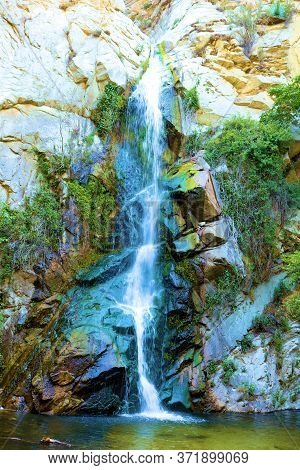 Natural Waterfall Over A Rocky Bluff Talen At Sturtevant Falls In The Rural San Gabriel Mountains, C