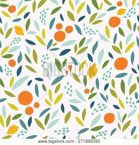 Lovely Colorful Vector Seamless Pattern With Cute Oranges, Lemons And Leaves In Bright Colors. Can B
