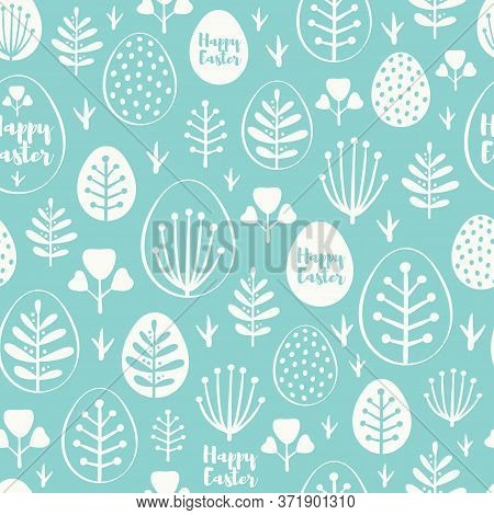 Seamless Minimal Easter Vector Pattern With Eggs And Spring Leafs. For Cards, Invitations, Albums, B