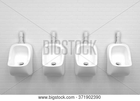 Urinal Toilets. Public Bathroom With Several Wall-hung Urinals. 3d Rendering Illustration