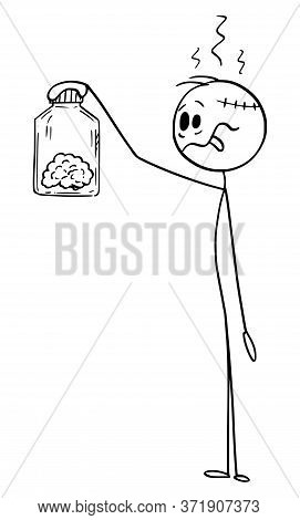 Cartoon Stick Figure Drawing Conceptual Illustration Of Crazy Stupid Man Holding And Watching His Ow