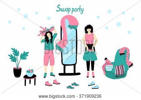 Clothing Swap Party Vector Illustration Isolated On White Background. Friends Exchange Their Clothes
